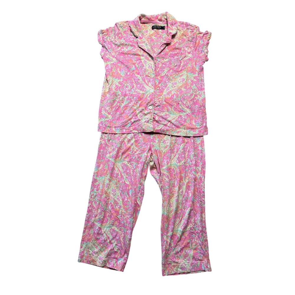 Lauren Ralph Lauren Pajama Set Womens Large Pink Paisley Short Sleeve Pants